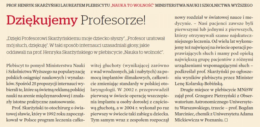 PROF. HENRYK SKARŻYŃSKI LAUREATEM PLEBISCYTU „NAUKA TO WOLNOŚĆ” MINISTERSTWA NAUKI I SZKOLNICTWA WYŻSZEGO